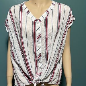 Kori America Top Cap Sleeve Button Up Tie Front Loose Fit HiLo Hem Cotton